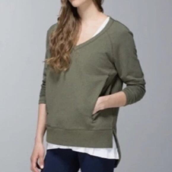 Lululemon Olive Green V-Neck Sweater VNeck Long Sleeve Top Kangaroo Pockets - Picture 2 of 8